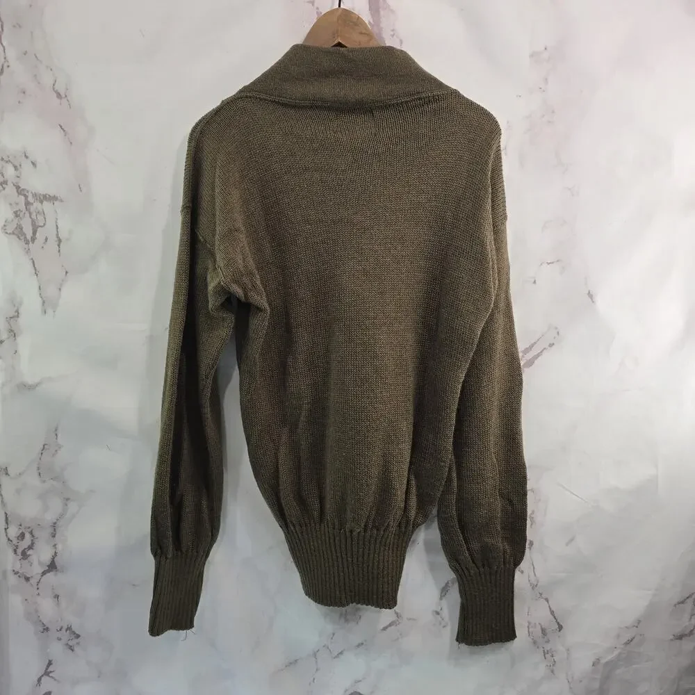 Vintage Army Sweater Mens Large Olive Green Drab Henley Knit Shawl Collar DLA